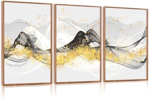 Aurlan Abstract Black Gold Luxury Wall Art Set(16"x24"), 3 Pieces Modern Swirl Ribbon Framed Canvas Artwork with Foil Graffiti, Large Minimalist Lines Scandinavian Wall Decor for Office Bedroom Living Room