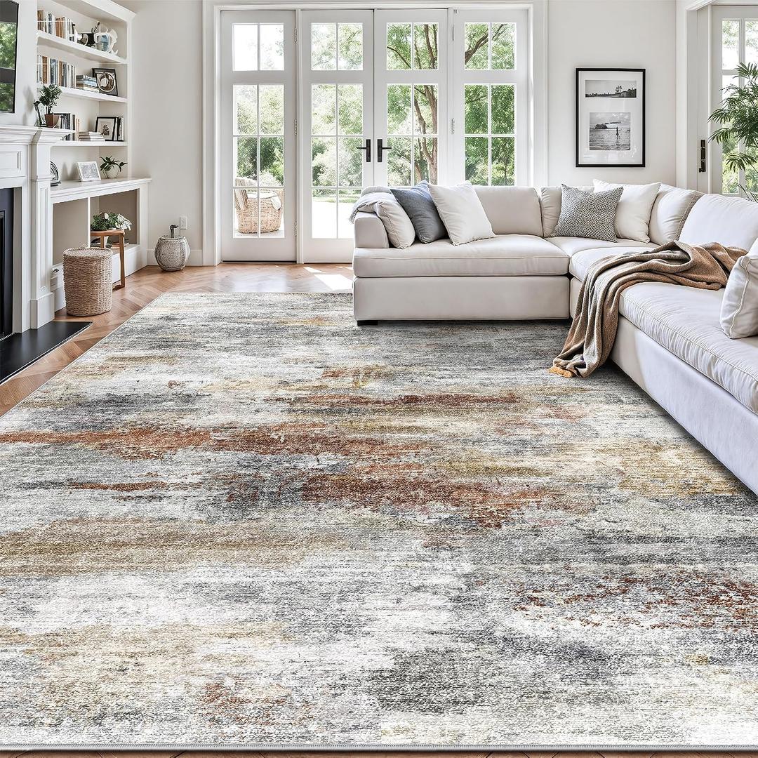 8x10 Area Rugs, Abstract Morden Soft Washable Rug, Non-Slip Low Pile Rugs for Living Room, Bedroom, Dining Room, Home, Office(Grey & Brown)