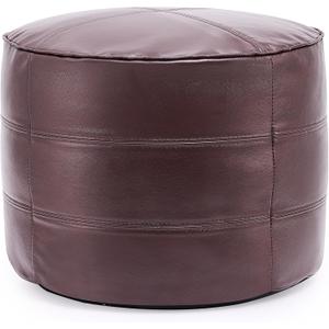 VONLUCE Stuffed Round Pouf, Genuine Leather Pouf Ottoman, Handmade Prefilled Hassock Footstool, Moroccan Style Luxury Foot Rest for Living Room Bedroom Kid Room, 18.9 x 18.9 x 14.6 in, Dark Brown