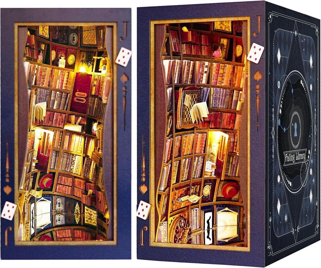 JOOHOUR DIY Book Nook Kit, Alice in Wonderland, Dollhouse Miniature, Booknook Bookshelf Insert Alley 3D Wooden Puzzle, Bookends Model Building Kit, Gift for Teens and Adults, Falling Library