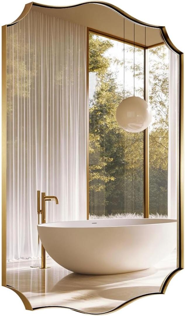 ANDY STAR Gold Vanity Mirror, Brushed Gold Mirror for Bathroom, 22x30 Irregular Wall Mirror, Asymmetrical Mirror in Stainless Steel Metal Frame Wall Mount for Bathroom, Bedroom, Living Room, Mantel (30"L x 22"W, Brushed Gold)