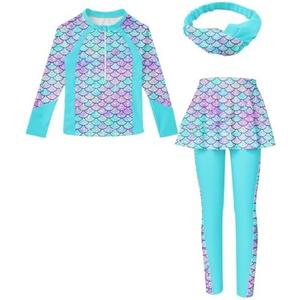 Girls Long Sleeve Rashguard Half Zip Swimsuits UPF 50 Two Piece Swim Sets with Hairband 11-12y, Mermaid