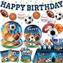 186Pcs Sports Birthday Party Decorations- Amp Up Your Sports Themed Party for 25 Guests. Includes Banner, Plates, Tablecloth, Cupcake Toppers and Aluminum Balloons for Boy Birthday Party Decorations