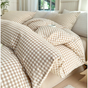 LifeTB Queen Comforter Set Tan Gingham Comforter Modern Style Beige Plaid Comforter Set 3 Pieces Fluffy Grid Checkered Comforter with 2 Pillowcases Boho Gingham Bedding Set Queen Size