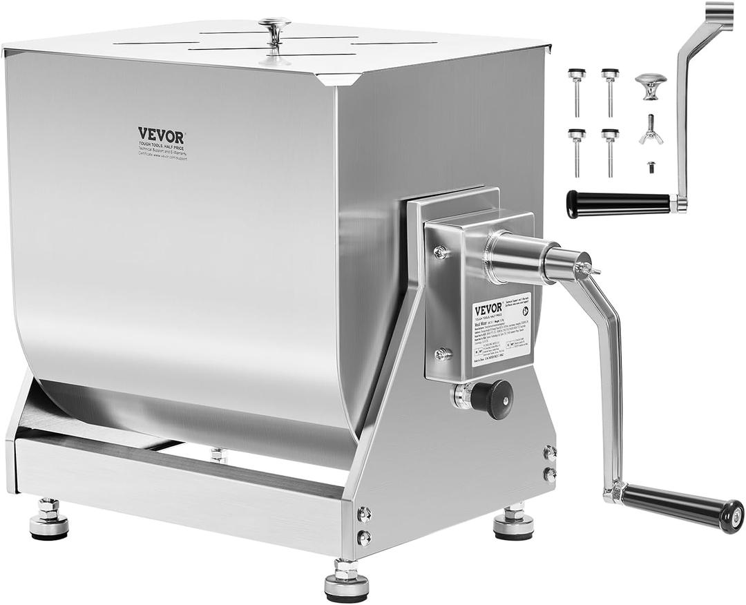 VEVOR Manual Meat Mixer, 30 Pound Capacity Tilt Tank Meat Mixer, Stainless Steel Meat Processing Equipment, Sausage Mixer Machine with Lid and Handle, Ground Beef Hand Mixer, Silver