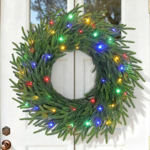 24 Inch Norfolk Pine Wreath with Lights, Pre-Lit Battery Operated Modern Christmas Wreaths for Front Door, Windows, Wall, 8 Lighting Modes & Timer Included Outdoor Xmas Holiday Decorations