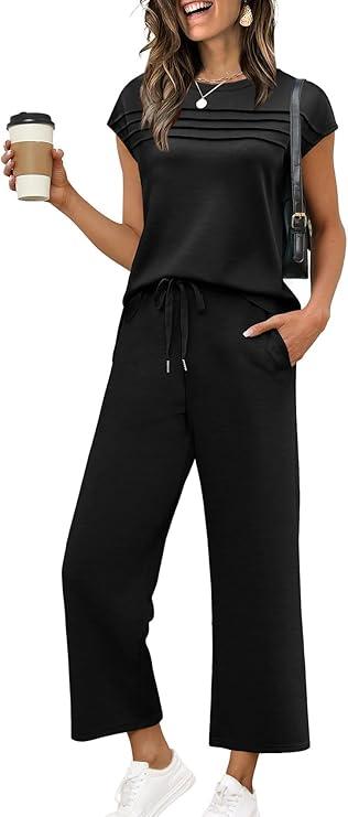 WIHOLL Two Piece Sets for Women Summer Travel Vacation Outfits Cap Sleeve Lounge Matching Sets Wide Leg Pants XL