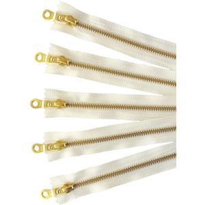 Golden Brass Metal Zippers in Vanilla/Cream/Offwhite with Donut Pull - #5 Closed-end Zippers - 8 Inch - Set of 5 Pieces by Craftbot