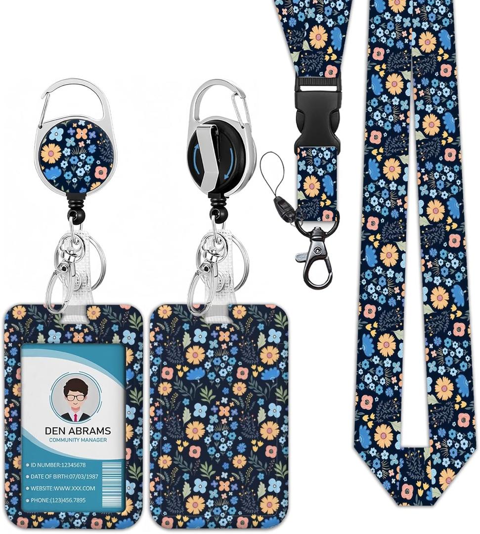 Lanyards with lD Badges,Breakaway Lanyard Strap and Retractable Badge Reel Carabiner Clip Cute Fashionable Vertical ID Card for Nurse,Teacher,Work Office - Blue Flowers