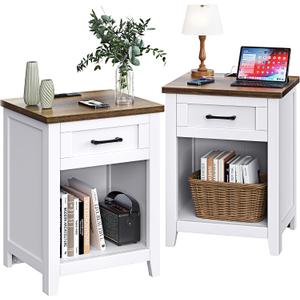 Decofy Farmhouse Nightstand with Charging Station & Large Storage, Set of 2 Modern End Tables with Outlets, USB Ports and Type-C Ports, Easy Assembly for Bedroom (Pure White + Walnut), 17.7 x 15.7 x 23.6 inches