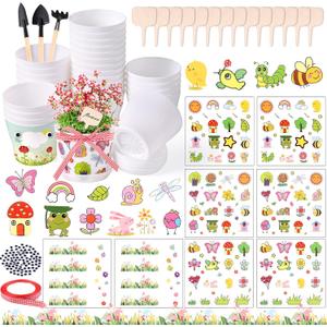 30 Pack Garden Plastic Pot Craft Kit DIY Flower Plant Crafts Nursery Pots with Stickers Flower Planting Growing Kit for Spring Summer Home Classroom School Creative DIY Art Project Activities