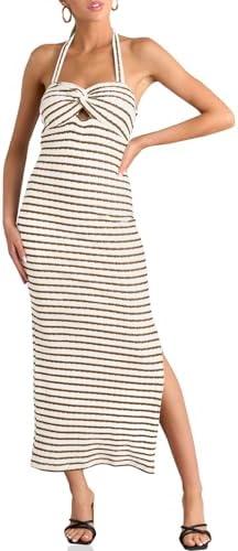 Wenrine Womens Summer Striped Halter Neck Dress Sexy Twist Front Cut Out High Split Casual Sleeveless Maxi Dress Size S