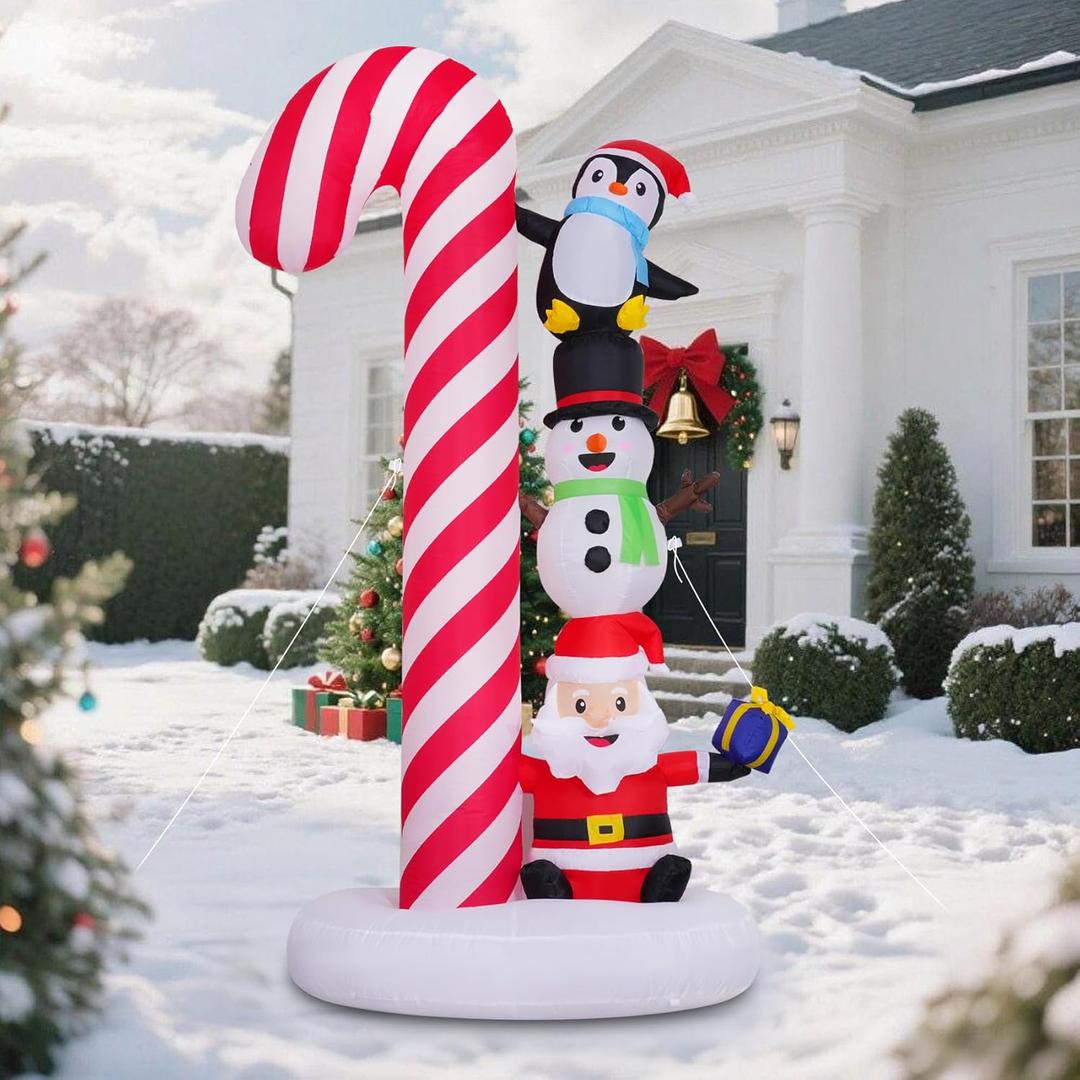 8 FT Christmas Inflatable Decorations Candy Cane with Santa Claus Snowman Penguin Christmas Inflatables with Led Lights for Holiday Yard Decor Xmas Indoor Outdoor Yard Decorations
