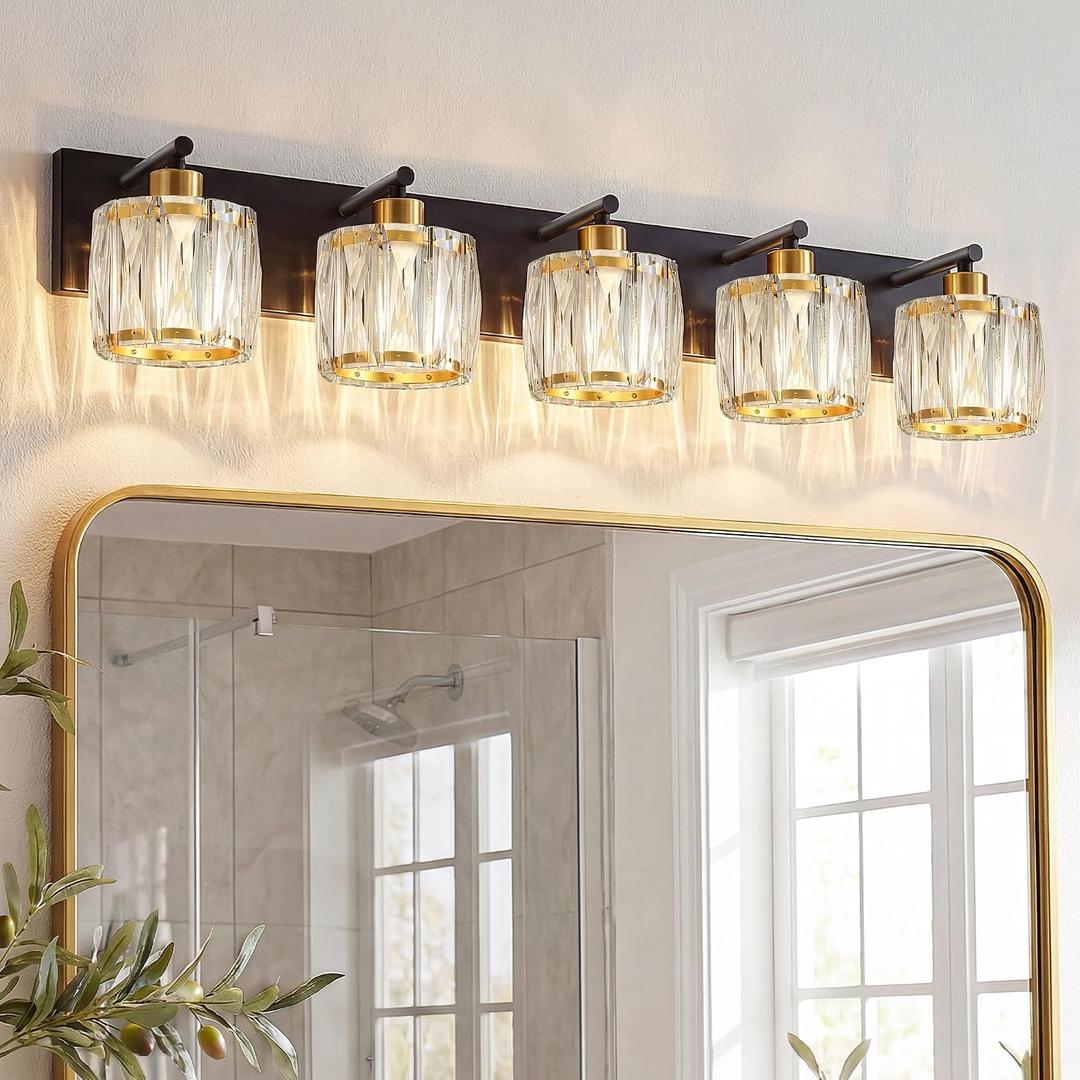 VOLISUN Crystal Vanity Lights for Bathrooms, 5 Light Bathroom Vanity Light, Black and Gold Bathroom Light Over Mirror, Modern Bathrooms Lights Fixtures-UL Certificated(Exclude Bulb)