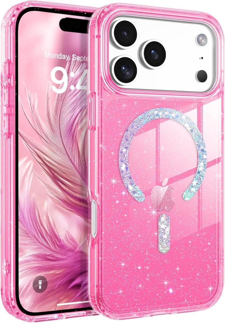 BENTOBEN Magnetic for iPhone 17 Pro Max Case, Clear Crystal Glitter Bling 17 Pro Max Phone Case [Compatible with MagSafe], Shockproof Sparkly Cute Women Girl Cover for iPhone 17 Pro Max, Hot Pink