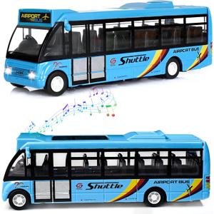 City Bus Toys Cars, Die-Cast Metal Airport Cars for Boy 3-8 Years Old, Pull Back Blue Play Vehicle with Sound and Light Up for Kids Girls Gift