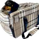 Kumdita' Center Console Dog Car Seat & Carrier for Small Dogs & Cats  Portable Booster with Sewn-in Leash, Machine Washable, Fits Most Vehicles (Classic Beige Check) (Medium)