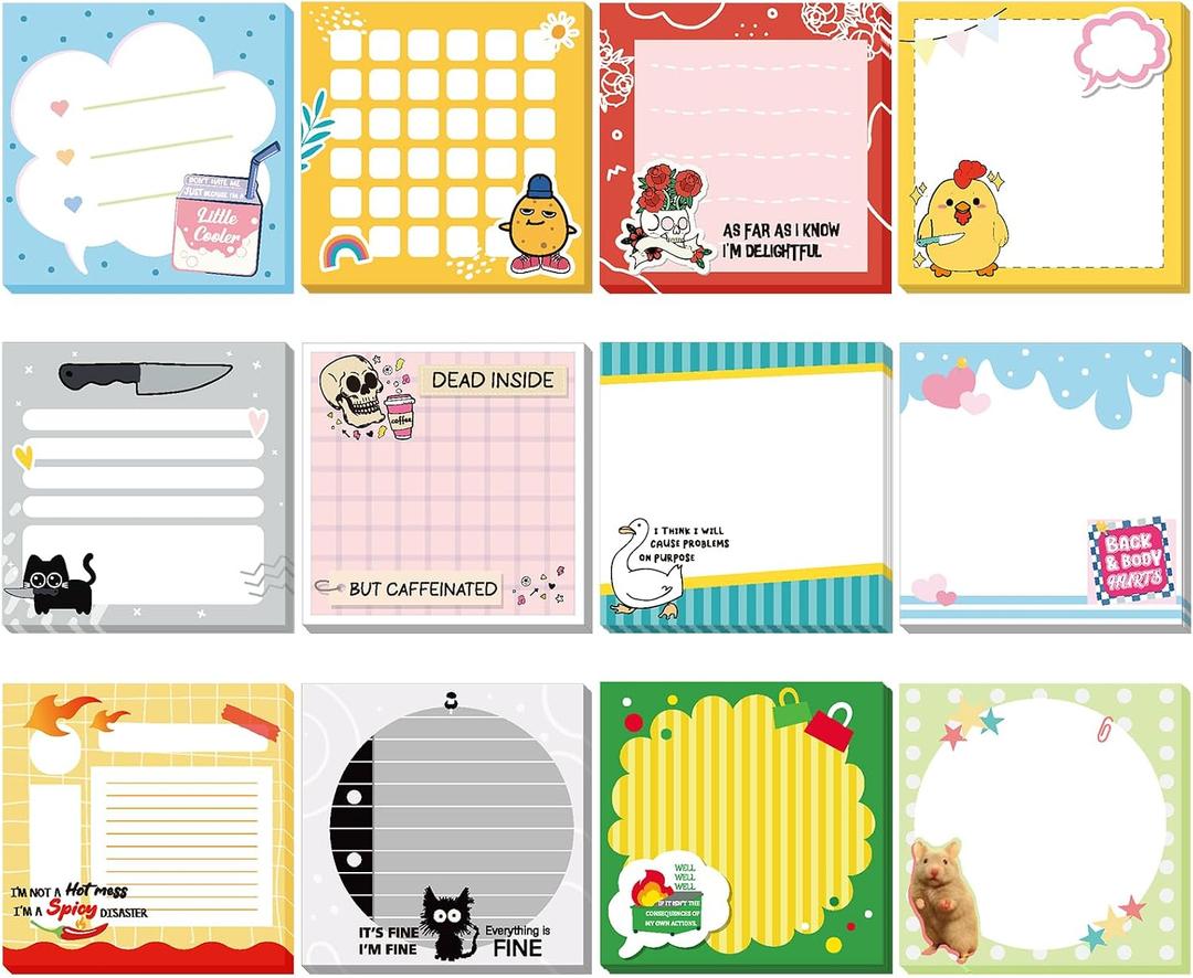 Thenshop 12 Pcs Funny Sticky Notes for Work 3 x 3 Inch 600 Sheets Fun Motivational Self Adhesive Sticky Notes Appreciation Gifts for Coworkers Employee Teacher Nurse Office Studying Supplies(Animal)