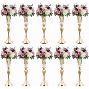 Metal Wedding Flower Vases for Tables - 22" Tall Elegant Table Centerpiece Vases, Gold Trumpet Flower Stands for Anniversary Ceremony Birthday Party Event Wedding Home Decorations (10, Gold)