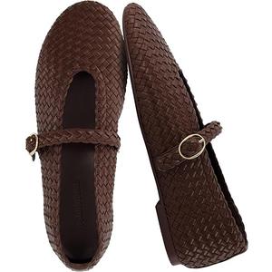 CUSHIONAIRE Bistro Mary Jane Flats for Women, Woven Ballet Flats Shoes with Strap and Memory Foam for All-Day Comfort, 8 1/2, Brown