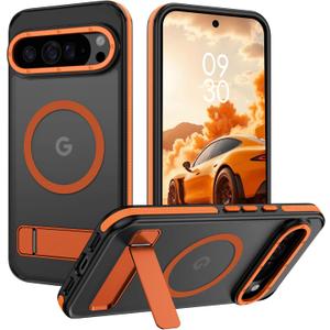 Magnetic for Google Pixel 10 Pro XL Case with Stand, Upgraded [Compatible with MagSafe] Slim Translucent Matte Military Grade Drop Protection Cover Man Woman for Pixel 10 Pro XL 6.8"- Black+Orange