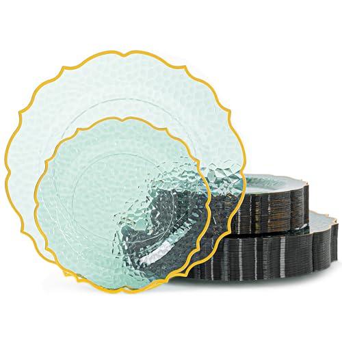 Pryntono 95 PCS Green Stone Texture Plastic Plates, Disposable Plates with Gold Rim, Heavy-duty Clear Plastic Plate Include 10" Dinner and 7" Salad Plate for Party and Wedding