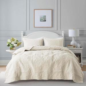 Damask Quilt King Size Bedding Sets with Pillow Shams, Boho Soft Lightweight Bedspread Coverlet, Ivory Quilted Blanket Thin Comforter Bed Cover for All Season Spring Summer, 3 Pieces, 104x90 inches