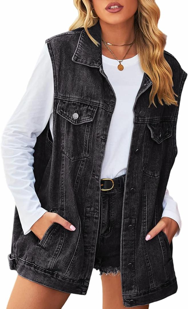 Women's Denim Vest Sleeveless Button Denim Jacket (Medium, Black)