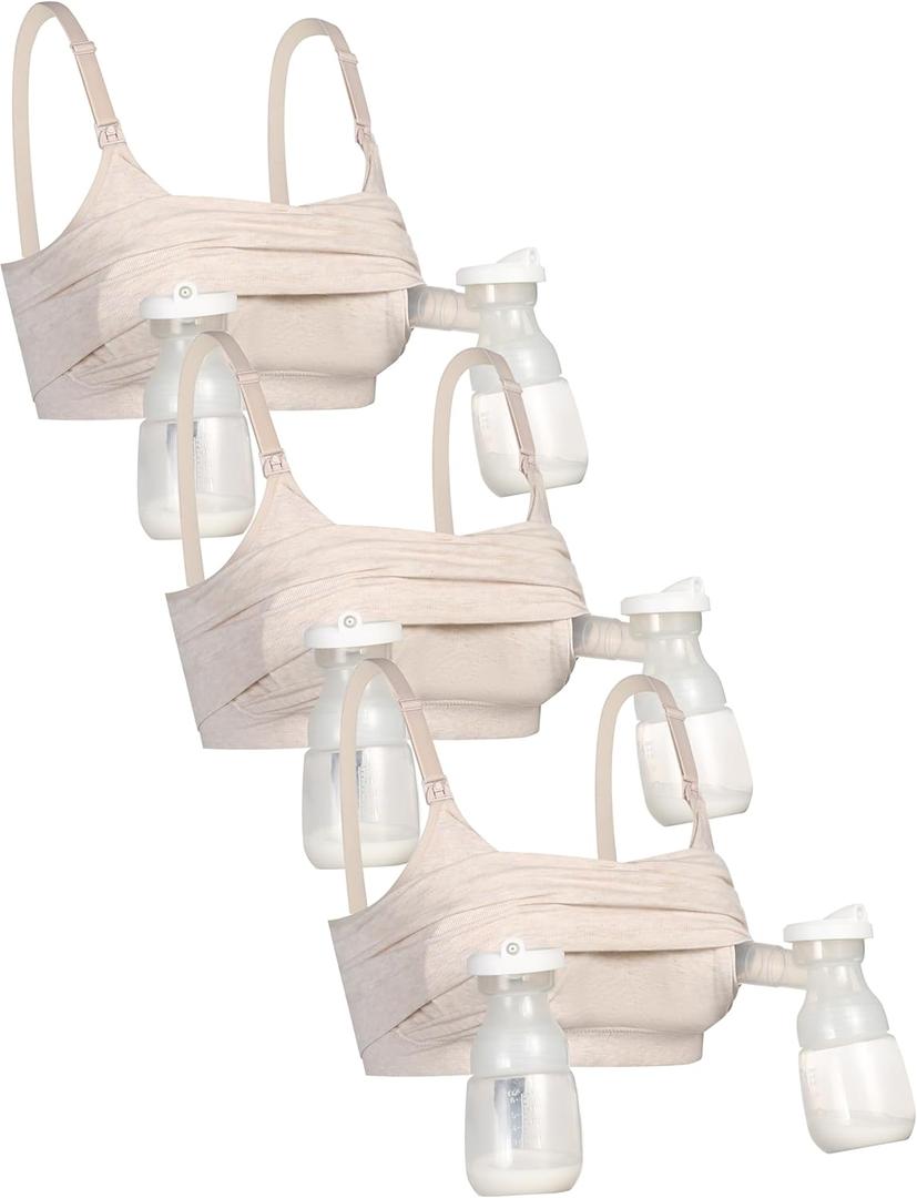 GXXGE 3Pack Hands Free Pumping Bra, Adjustable Pumping & Nursing Bra with EasyClip for All Breast Pumps Cotton Sleep Bra (Beige, XL)