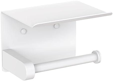 VAEHOLD Self Adhesive Toilet Paper Holder with Phone Shelf Stainless Steel Wall Mounted Toilet Paper Roll Holder - Bathroom Washroom Tissue Roll Holder with Storage Shelf - White