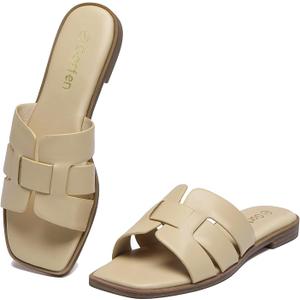 Women's Flat Sandals Dressy Comfortable Square Open Toe Slip On Leather Slide Sandals, Tan Size 8.5