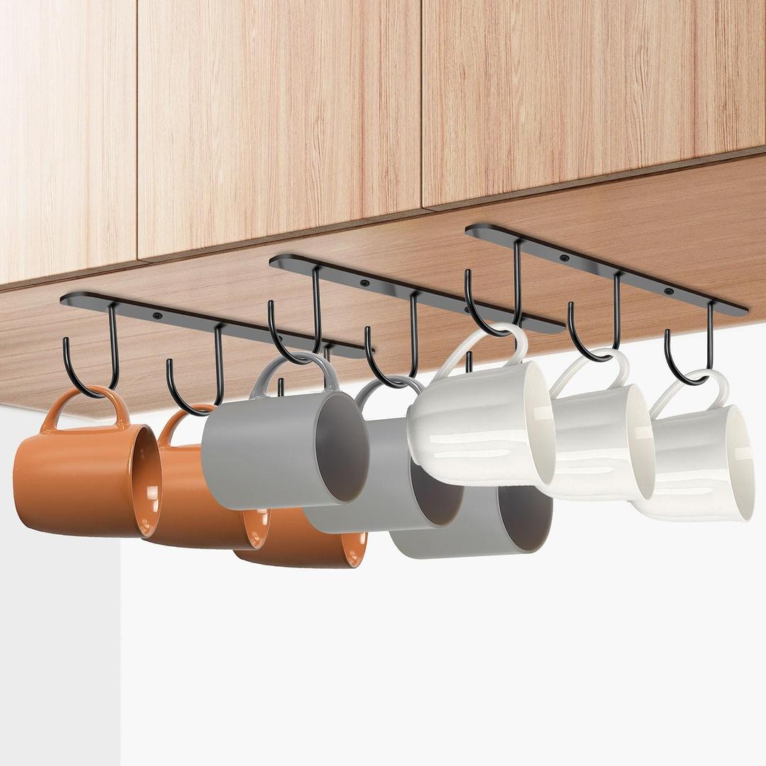 3 Pack Mug Hooks Under Cabinet, Hanging Coffee Mug Holder for Kitchen Cabinet/Shelf, Coffee Mug Organizer with 9 Hooks, for Mugs, Cups, Kitchen Utensils Display, Black