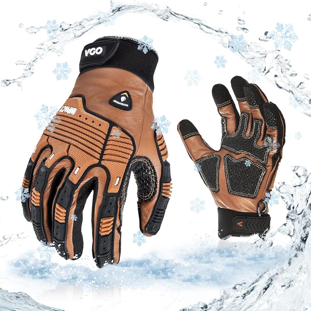 Vgo... 1 Pair -20/-4F COLDPROOF,Winter Work Leather Gloves,Impact Gloves,Anti-Vibration,Water Resistant(CA7722FW) (Medium, Brown)