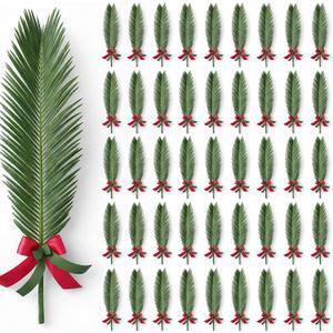 40 Pcs Easter Palm Leaves Decor Artificial Green Foliage Leaf with Red Ribbon for Palms Sunday 20.4 Inch Outdoor Faux Tropical Leaves for Easter Home Decor Party Supplies