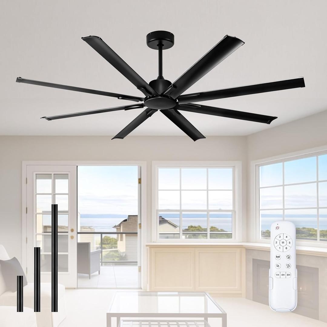ECOiTEL 72 Inch Outdoor Ceiling Fan no Light,8 Mate Black Aluminum Blades,Charcoal Black