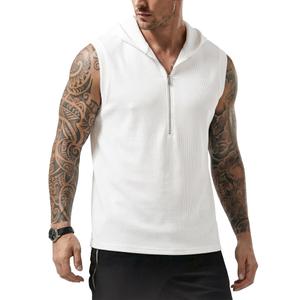 JMIERR Men's Fashion Sleeveless Hoodie Tank Tops Quarter Zip Pullover Vest Casual Slim Fit Muscle Hooded Tee Shirts for Summer Beach and Streetwear, L, White (White, L)
