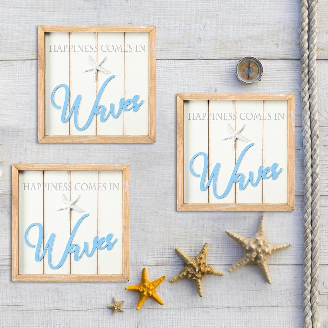 Bdor Wooden Wall Hanging with Rope 9.5x9.5x1.5 Inch Happiness Comes in Waves with Starfish Decor - 3D Wall Art for Bathroom or Coastal Bedroom, Ocean Inspired Beach Decorations Set of 3