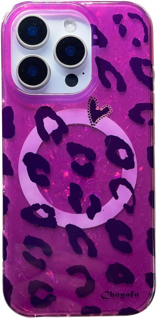 Sparkling Purple Red Leopard Case, Blazing Heart Shimmer Cover Compatible with MagSafe iPhone 16 Pro - Dynamic Magenta
