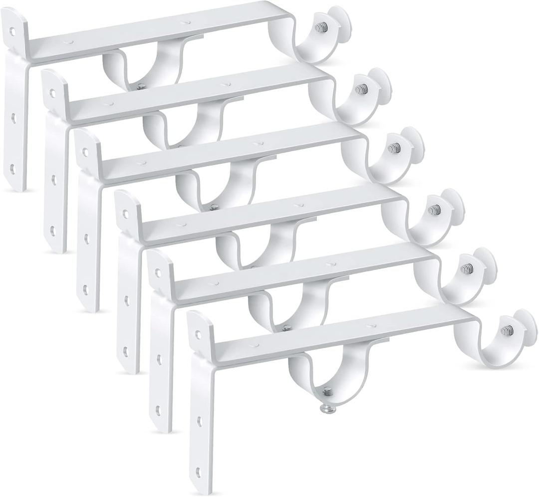 Double Curtain Rod Bracket, Heavy Duty Curtain Rod Holders Hooks, White 6 Pack Drapery Rods Hangers for Wall, Vintage Drapery Rods Support Brackets for 1-1.1 Inch Drape Poles
