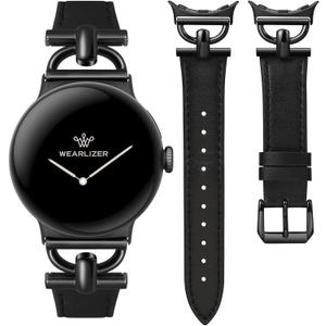 Wearlizer Leather Bands Compatible with Google Pixel Watch 4/3 41mm/Pixel Watch 2/1 Band Women, Dressy Designer Slim Leather Strap with D-Shape Metal Buckle for Pixel Smartwatch Accessories (Black/Black)