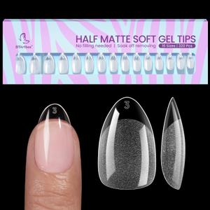 BTArtbox Short Almond Nail Tips - 320pcs Pre-shape Half Matte Soft Gel Tips, Clear Ultra Fit & Natural Acrylic Fake Nails for Full Cover Nail Extension, 16 Sizes, Set of 2