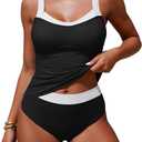 ZAFUL Womens Tankini Swimsuits Retro High Wasited 2 Piece Bathing Suit Modest Tummy Control Vacation Swimwear 2026 (Black, S)