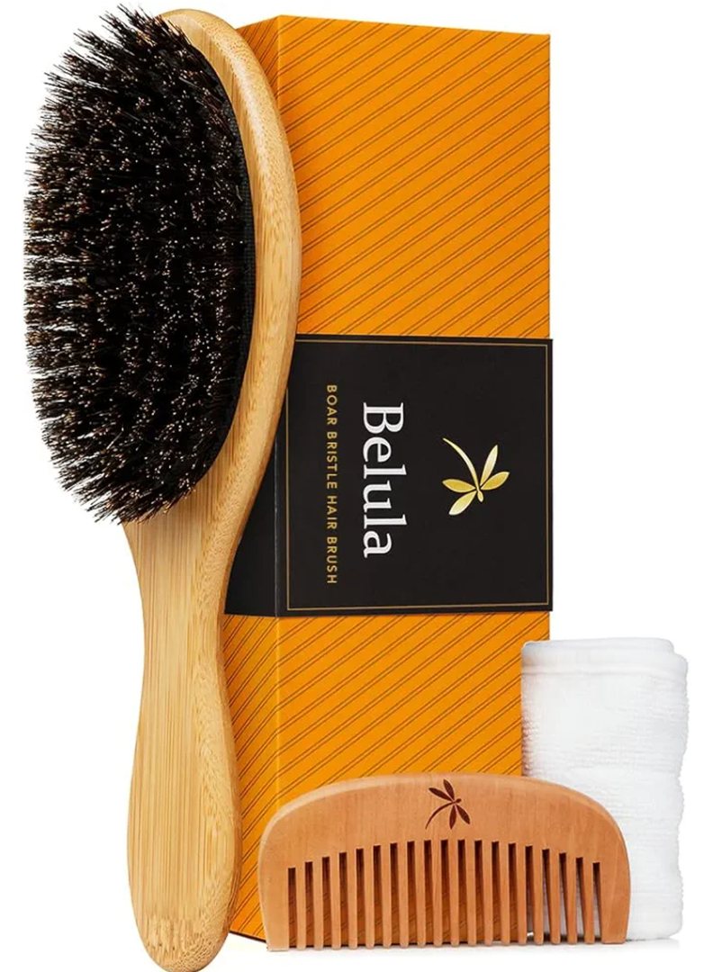 Belula 100% Boar Bristle Hair Brush Set (Medium). Soft Natural Bristles for Thin and Fine Hair. Restore Shine And Texture. Wooden Comb, Travel Bag and Spa Headband Included