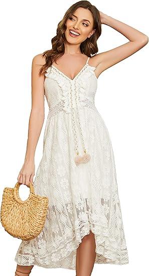 Women's Spring Summer Boho Spaghetti Strap V Neck White Maxi Sling Dress Bridesmaid Cocktail Dress
