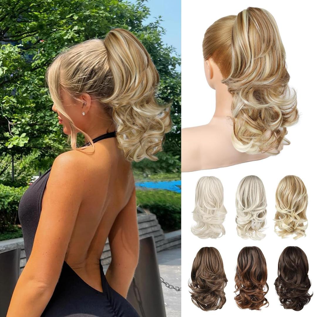 Ponytail Extension - 14" Claw Clip in Ponytail Hair Extensions Natural Soft Synthetic Layered Wavy Pony Tail Hair Pieces for Women - Copper with Highlights