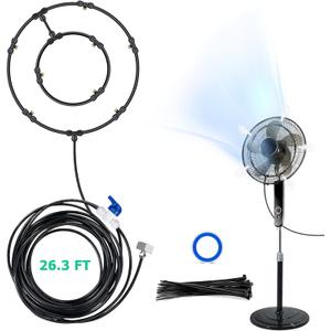 Fan Misting Kit for Outdoor Cooling 26.3 FT Misting Hose 8 Brass Misting Nozzles Outdoor Fan Misting Cooling System Water Misting Fan for Outdoor Patio Garden Backyard Greenhouse Breeze