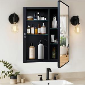 Black Medicine Cabinet 16x20 inch, Bathroom Mirror with Storage, Recessed or Wall Mounted Farmhouse Cabinets, Metal Framed, Adjustable Shelves, One Door Open Left or Right