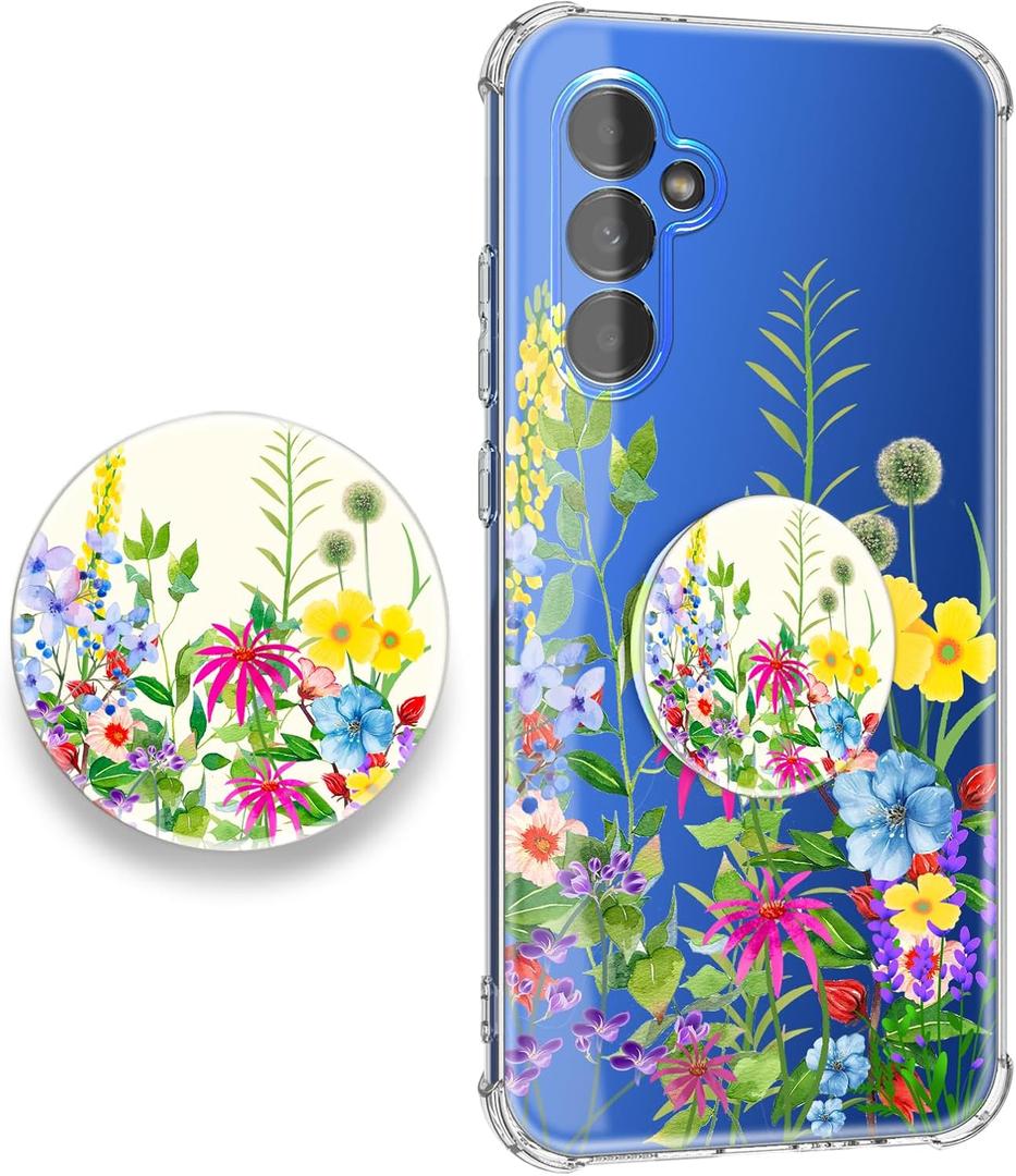 for Samsung Galaxy S26 Case Flowers and Marble [Buffertech 6.285ft Military-Grade Drop Protection] [Anti Peel Off Tech] Clear TPU Bumper 5G Phone Cover Design (Blooming Flowers with Holder)