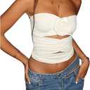 WDIRARA Women's 3D Floral Cut Out Crop Tube Tops Ruched Sleeveless Strapless Top (Large, White)