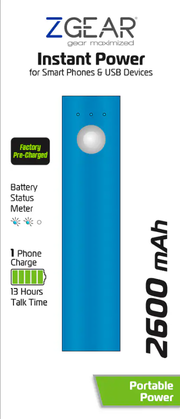 ZGEAR Lightweight and Compact Power Bank with a 2600 mAh capacity